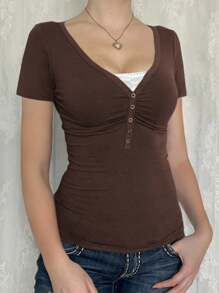 Áo nữ tay ngắn cổ chữ V ôm sát gợi cảm phong cách Y2K, thiết kế mùa hè, thường ngày. - màu nâu - Xem 4