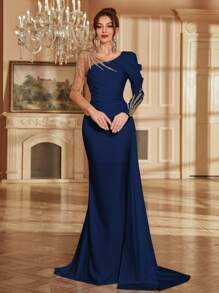 Vestido largo elegante con manga larga, cuello asimétrico, aplicación de malla y empalme, con cola, vestido de noche formal para mujer, vestido de fiesta, vestido de invitada de boda, Día de San Valentín Primavera - Azul Marino - Ver 4