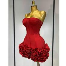 QueenLine Handmade Sexy Strapless Backless Floral Embellished  Celebrity  Mini Bandage Bodycon Dress - Red - View 2