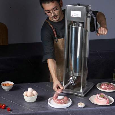 Manual Sausage Stuffer, 2.5 L / 6 LBS Horizontal  Sausage Machine, 5LBS/3L Or  2.5LBS/1.5LBS  Or  2 L/5  Or  7 L/15LBS Or 10 L/22LBS  Or  15 L/30LBS  Vertical Sausage Stuffer With U-Type Or G-Type Clamp, Made Of 304 Stainless Steel, Includes 2-8 Stuffing Tubes, For Home Kitchen Restaurant Commercial