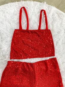 Women's Sequin Shorts Set With Pockets, Cropped Top And Straps For Bloggers - Rojo - Ver 2