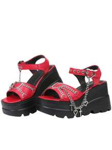 Y2K Style Punk Gothic Women's Platform Chain Sandals Red Chunky Heel Sandals With Heart & Charm Detailing Summer Open Toe Casual Sandals For Daily & Beach Vacation Shoes - Đỏ - Xem 9