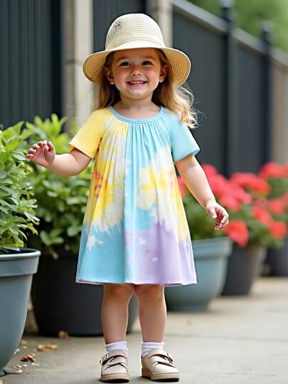 女童轻盈时尚休闲日常工作/通勤连衣裙，优雅淑女短袖针织圆领扎染撞色中长连衣裙，甜美可爱沙滩度假儿童夏装，透气凉爽