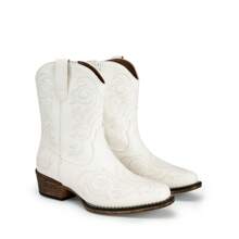 Women's Embroidered Cowboy Cowgirl Western Boots Stitched Ankle Boots With Square Toe, Chunky Heel, And Zipper Closure, Fashionable Short Booties - 白色 - 查看 7