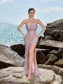 ADYCE Sequined Spaghetti Strap High Waist Front Slit Open Back Tie Strap Party Dress, Wedding Guest Dress, Formal Dress, Evening Dress - Dusty Pink - View 9