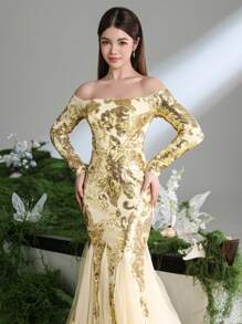 Vestito elegante da ragazza adolescente con spalle scoperte, maniche lunghe, per occasioni formali, con orlo a sirena in tulle ricamato - Champagne - Visualizzare 5