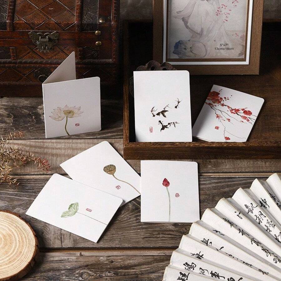 Chinese Style Greeting Cards, Creative Holiday Vintage Cards, Business Retro Simple Handwritten Blessing Message Cards