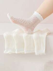 5 Pairs Girls White Lace Trim Princess Socks, Thin Breathable Japanese Style Cute Mid-Calf Socks, Student Socks, Mesh Socks, Sweet Casual Versatile - Multicolor - View 3