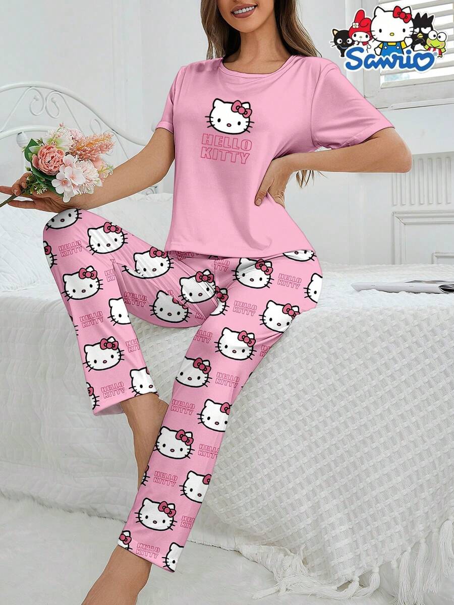 Sanrio Set abbigliamento da casa Hello Kitty Sanrio da 2 pezzi: top a maniche corte con scollo rotondo e pantaloni, set pigiama comodo con stampa di lettere a cartoni animati