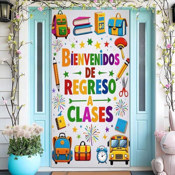 1 pieza Bandera de puerta 2D, 35x70 pulgadas, material de poliéster, diseño de autobús escolar "Bienvenido de vuelta a clases", decoración de entrada al aula para la temporada de regreso a clases, decoración multiusos para habitación y fiesta, aplicable para días festivos en general, sin necesidad de electricidad