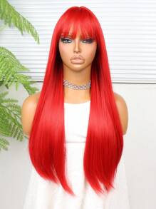 24 英寸红色直发带刘海合成纤维耐热假发全机器制造，适合日常聚会，高品质女士天然美丽合成柔软假纤维头发 - 紅色 - 查看 4