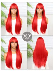 24 英寸红色直发带刘海合成纤维耐热假发全机器制造，适合日常聚会，高品质女士天然美丽合成柔软假纤维头发 - 紅色 - 查看 2