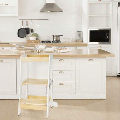 Foldable Kitchen Step Stool With Railing, Blackboard, Learn To Stand Kitchen Counter Tower