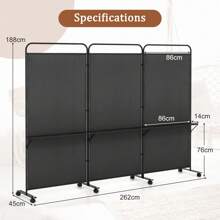 3-Panel Folding Room Divider 6FT/188cm Rolling Privacy Screen With Storage Shelves - Black - View 3