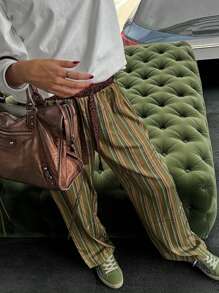 Women's Spring Summer Drawstring Pants Leopard/Stripe Print Loose Wide Leg Trousers