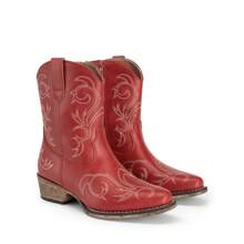 Women's Embroidered Cowboy Cowgirl Western Boots Stitched Ankle Boots With Square Toe, Chunky Heel, And Zipper Closure, Fashionable Short Booties - 紅色 - 查看 7