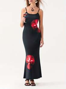 Women Cami Dress Flower Print Sleeveless Backless Dress Long Bodycon Dress Party Dress - 紅色 - 查看 5