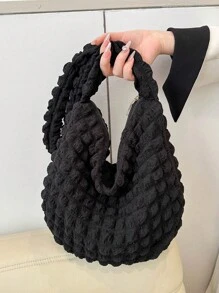 褶皱大容量单肩包，韩版风格，百搭云朵印花休闲斜挎手提包 - 黑色 - 查看 3