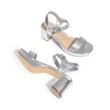Women Comfortable Chunky Low Heeled Sandals Open Toe Buckle Decor Ankle Strap Heeled Sandals For Daily Wearing Wedding Party Prom - Silver - View 4