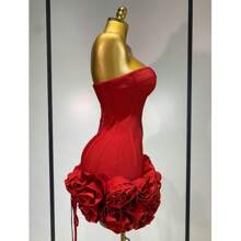 QueenLine Handmade Sexy Strapless Backless Floral Embellished  Celebrity  Mini Bandage Bodycon Dress - Red - View 4