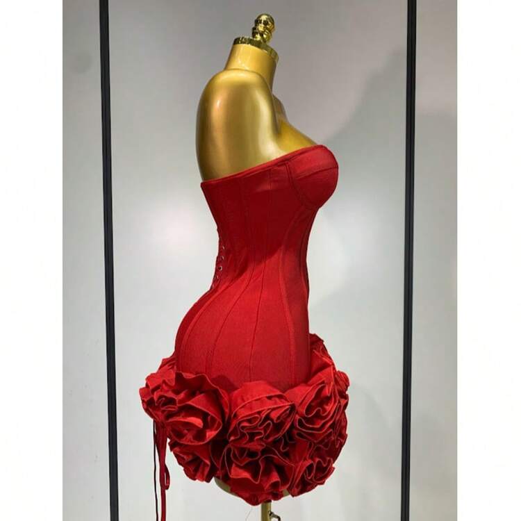 QueenLine Handmade Sexy Strapless Backless Floral Embellished  Celebrity  Mini Bandage Bodycon Dress - 紅色 - 查看 4