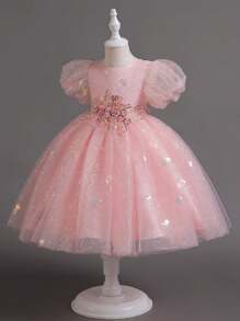 1 pieza Vestido de princesa línea A con mangas abullonadas, elegante, cómodo, dulce y lindo con lentejuelas y malla, estilo campus, adecuado para recitales de piano, actuaciones en el escenario, primavera/verano/otoño, para niñas - Rosa - Ver 2