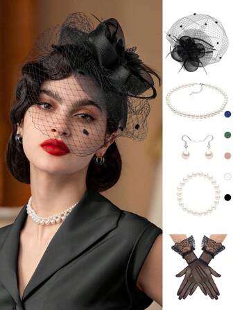 7pcs Fascinator Hat Feather Derby Tea Party Hat With Lace Gloves Pearl Necklace Bracelet Wedding Veil Accessories Costume Set For Women Halloween
