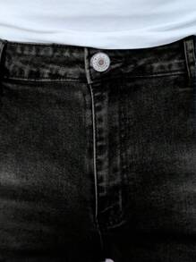 男士简约五口袋牛仔短裤，休闲日常穿着 - 黑色 - 查看 3