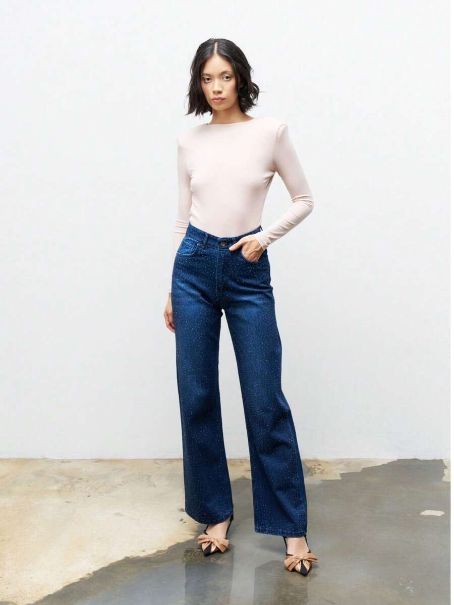 Vaqueros rectos de mujer de mezclilla desgastada para atuendos de oficina - Azul - Ver 1