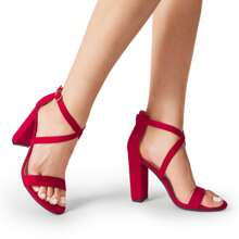 Women Chunky Block Cross Strap Open Toe Heeled Sandals For Wedding Bridal Evening Party Prom - Đỏ - Xem 7