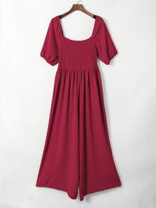 Acelitt Women's Solid Color Simple Daily Square Neck Cable Knit Loose Jumpsuit, Short Sleeve - Burgundy - View 3