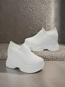 Women's Fashion Simple Casual Sneakers, Comfortable Breathable Knitted Wedge Thick-Sole Lightweight White High Heel Slip-On Loafers, Spring & Autumn - White - View 3