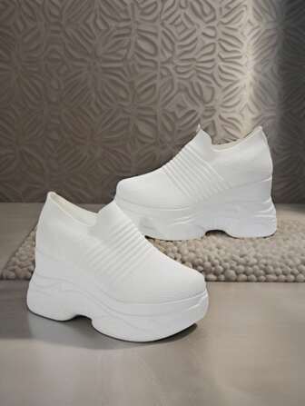Women's Fashion Simple Casual Sneakers, Comfortable Breathable Knitted Wedge Thick-Sole Lightweight White High Heel Slip-On Loafers, Spring & Autumn