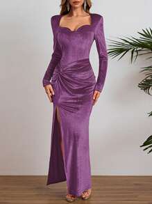 2024 Autumn Elegant Lady Style Long Sleeve Velvet Split Hem Party Dress, Wedding Guest Dress, Formal Dress, Evening Dress,Gown