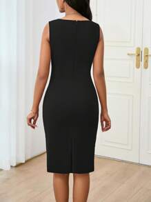 女士无袖优雅上班修身紧身连衣裙 - 黑色 - 查看 2