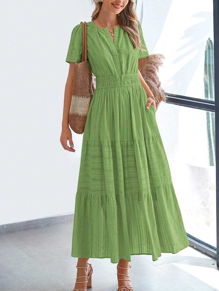Womens Summer Maxi Dresses Short Sleeve High Waist Tiered Flowy A-Line Boho Bohemian Beach Long Dress Holiday Vacation Beach Valentine Long Dress Outfit - 綠色 - 查看 1