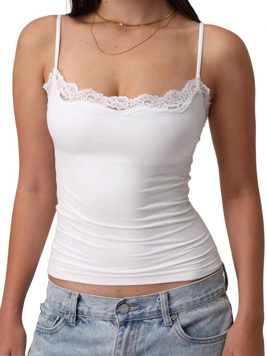 Beauace Women's Cami Tops Sleeveless Lace Trim Solid Color Slim Fit Camisole Summer Tops - White - View 1