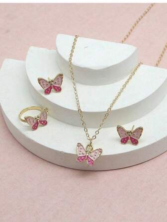 Set de 4 piezas compuesto por un collar con colgante de gota de aceite y mariposa, y un anillo