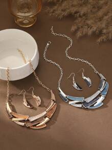 1 Set (2pcs) Bohemian Style Minimalist Elegant Khaki & Blue Dripping Oil Zinc Alloy Geometric Decorated Jewelry Set - Necklace & Earrings, Suitable For Women Daily Wear, Party, Holiday, Gift