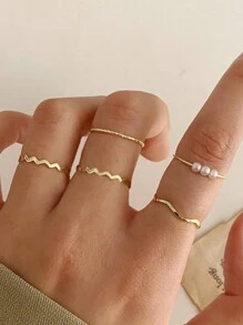 5pcs/Set Elegant Minimalist Wavy Shape Rings For Women, Personalized Versatile Jewelry Gift For Daily Wear, Spring - Ring Set - View 8