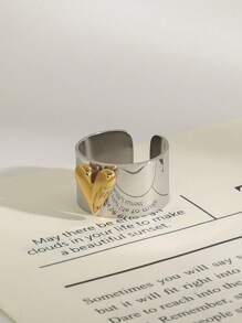 Minimalism Gold And Silver Color Large Heart Cocktail Ring Adjustable Y2k Heart Cuff Ring In Two-Tone Mixed Metals Jewelry - Gold - View 6