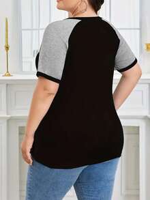 Plus Size Women's Round Neck Patchwork Short Sleeve T-Shirt Top - Black - View 2