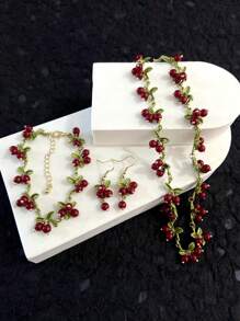 Juego de joyas artesanales con piedras naturales con diseño floral - Incluyendo pendientes, pulsera y collar para mujeres - Pendientes pulsera collar con piedras de color arándano - Ver 23