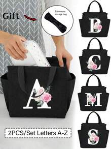 2 pièces/Set Sacs isothermes imprimés avec lettres A-Z et boîte de rangement pour couverts, sac à lunch à double poche