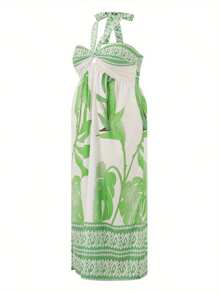 Women Plus Size Dress Leaves Print Tie-Up Front Strapless Tube Dress Summer Casual Long Dress - Green - View 4