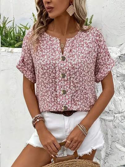 Plus Size Women Elegant Ditsy Floral Short Sleeve Button Up Top, Comfortable Casual T-Shirt Blouse, Spring/Summer/Autumn