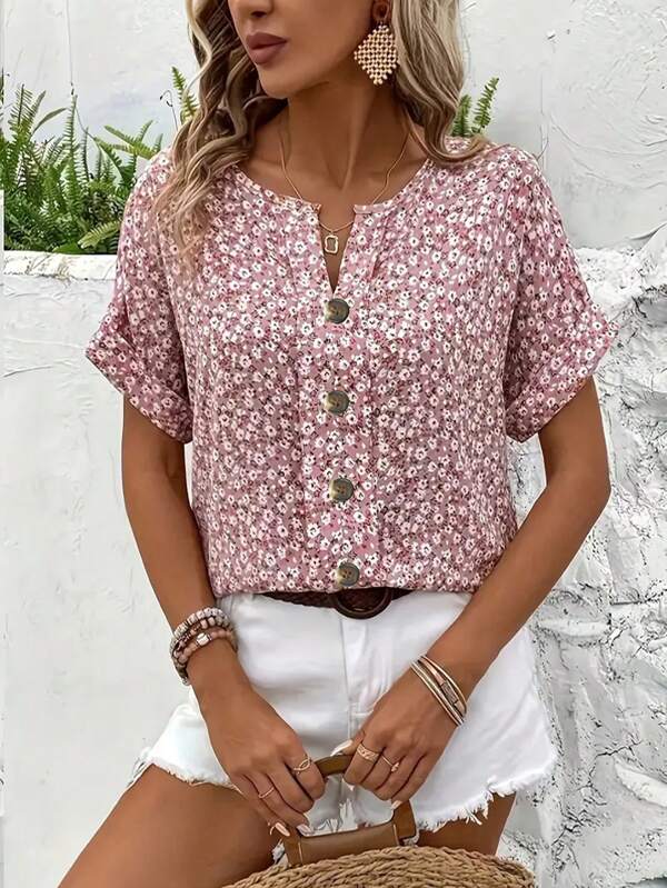 Plus Size Women Elegant Ditsy Floral Short Sleeve Button Up Top, Comfortable Casual T-Shirt Blouse, Spring/Summer/Autumn