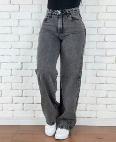 Calça  Wid Leg Jeans Feminina Cintura Alta Destroyed Sem lycra Levanta Bumbum Cós alto