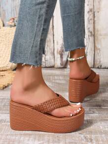 Sandálias Plataforma Casuais de Lã de Carneiro Entrelaçadas à Prova d'Água para Mulheres, com Sola Grossa, Confortável e Versátil para Verão, Férias e Uso Diário