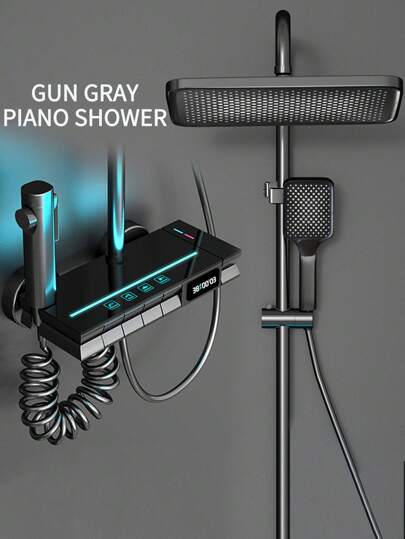1 set Rubinetto doccia con display digitale grigio, rubinetto acqua calda e fredda, sistema doccia da bagno domestico, montato a parete con luce LED di lusso, alimentato ad acqua, soffione doccia a pioggia con doccetta portatile, bocca vasca, set completo di accessori per il bagno
